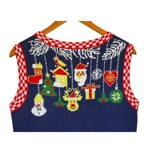Ugly Christmas Sweater Vest Women M Blue Reindeer Funny Merry Santa Tree Lights - Picture 5 of 7